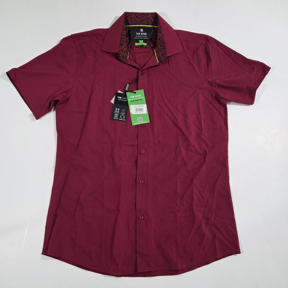 Tom Baine Performance Slim Fit Shirt Burgundy Short Sleeve TB203-5 Mens Medium